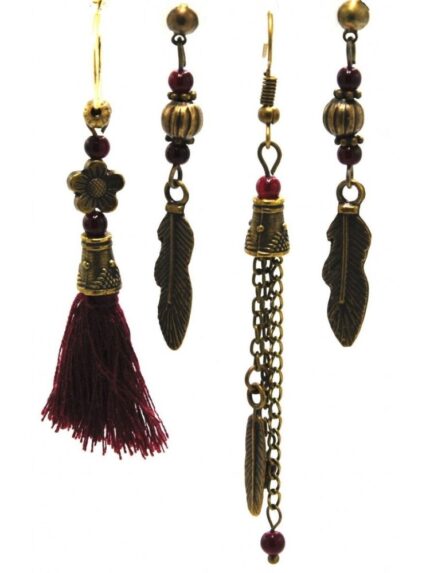 Antik Küpe Bordo Bohem 4'lü Set - Antik Tasarım 1