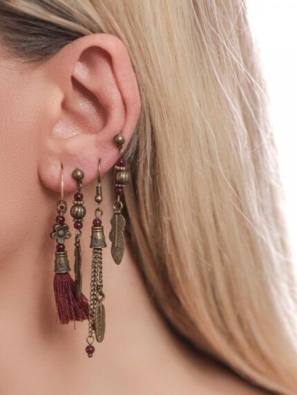 Antik Küpe Bordo Bohem 4'lü Set - Antik Tasarım 2