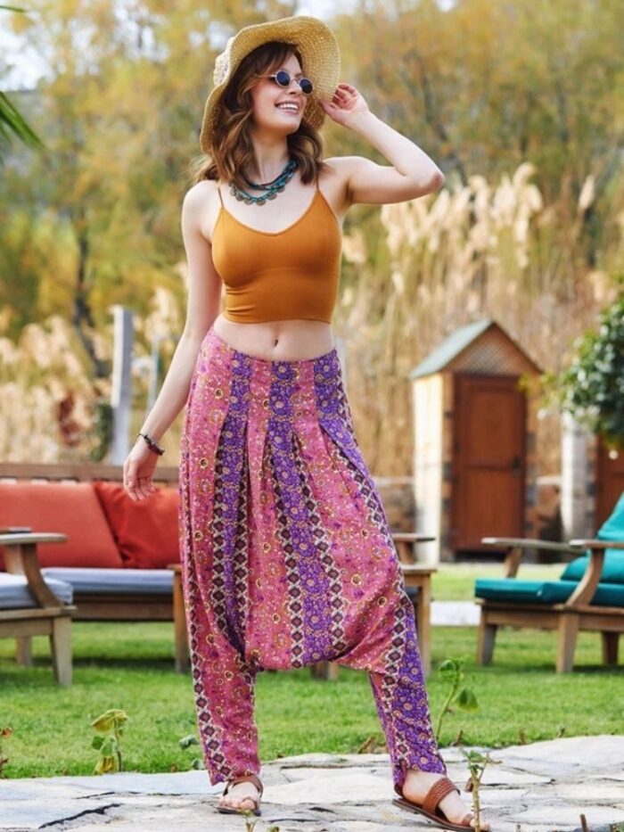 Bohem Çiçekli Pileli Şalvar Pembe Mor 2