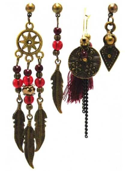 Bohem Küpe Set Bordo 4'lü Set - Antik Tasarım 3