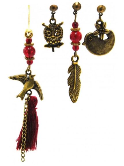 Kuşlu Küpe Bordo Bohem 4'lü Set - Antik Tasarım 1