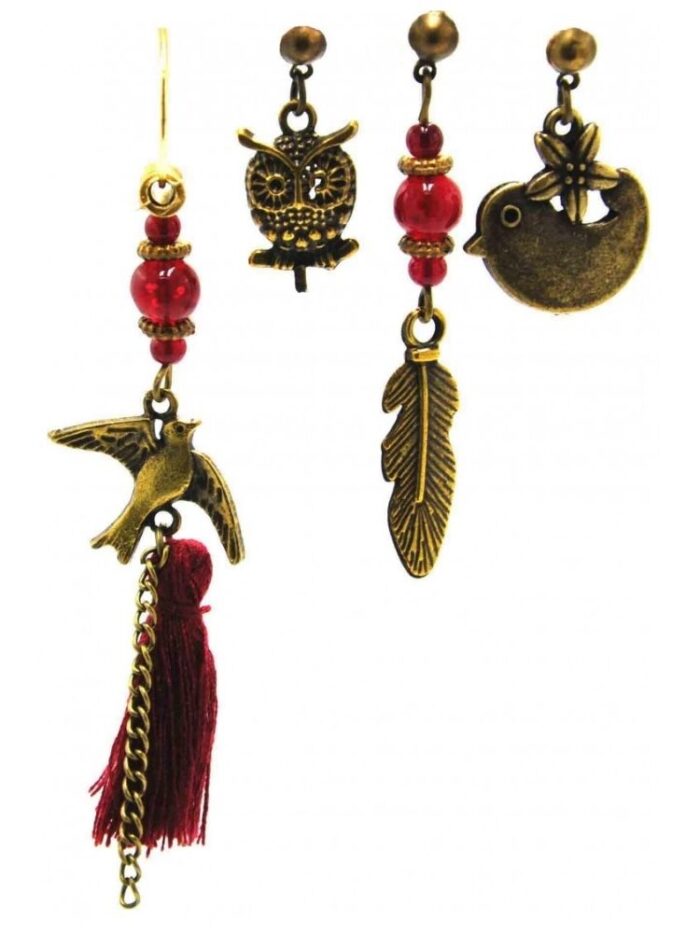 Kuşlu Küpe Bordo Bohem 4'lü Set - Antik Tasarım 1