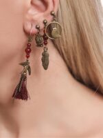 Kuşlu Küpe Bordo Bohem 4'lü Set - Antik Tasarım 2